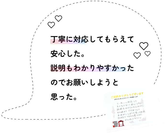 丁寧に対応してもらえて安心した。説明もわかりやすかったのでお願いしようと思った。